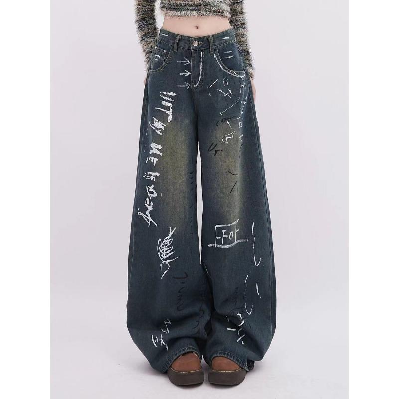 

Американские ретро-джинсы с рисунком в стиле граффити, широкие джинсы, женская мода, весна, свободные, утягивающие брюки до пола с высокой талией XL синий/серый