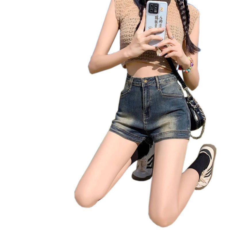 Women's Retro Distressed High-Waisted Denim Shorts - American Ins Style, Stretchy A-Line Bodycon Hot Pants