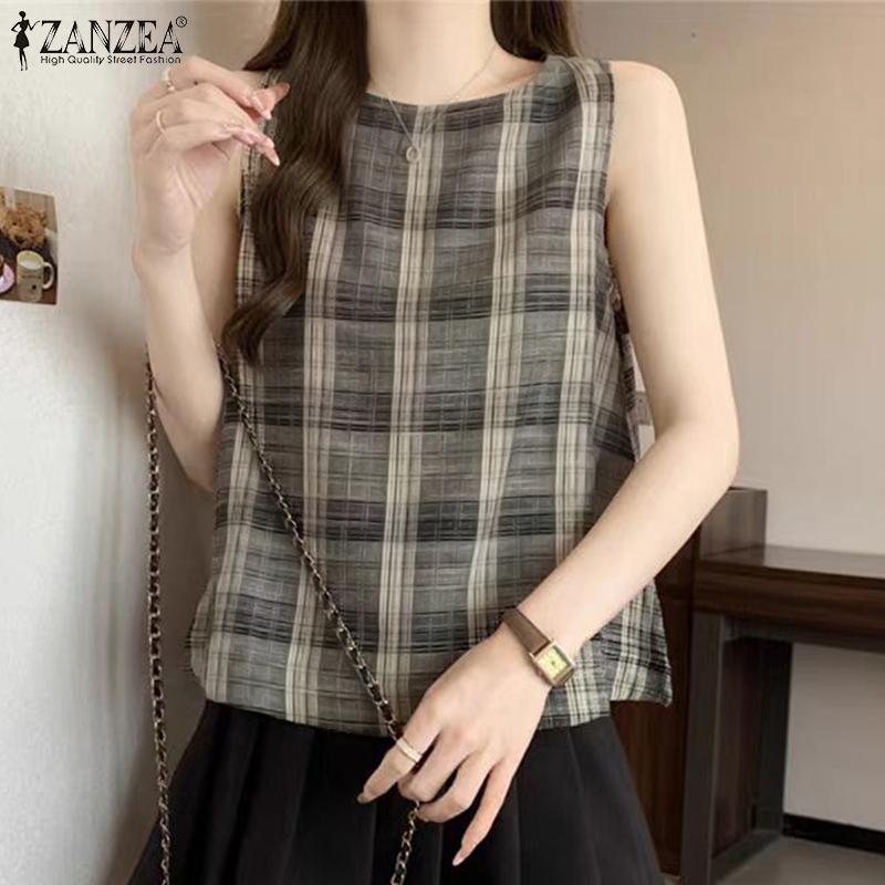 ZANZEA Women Summer Round Neck Sleeveless Grid Print Tank Tops
