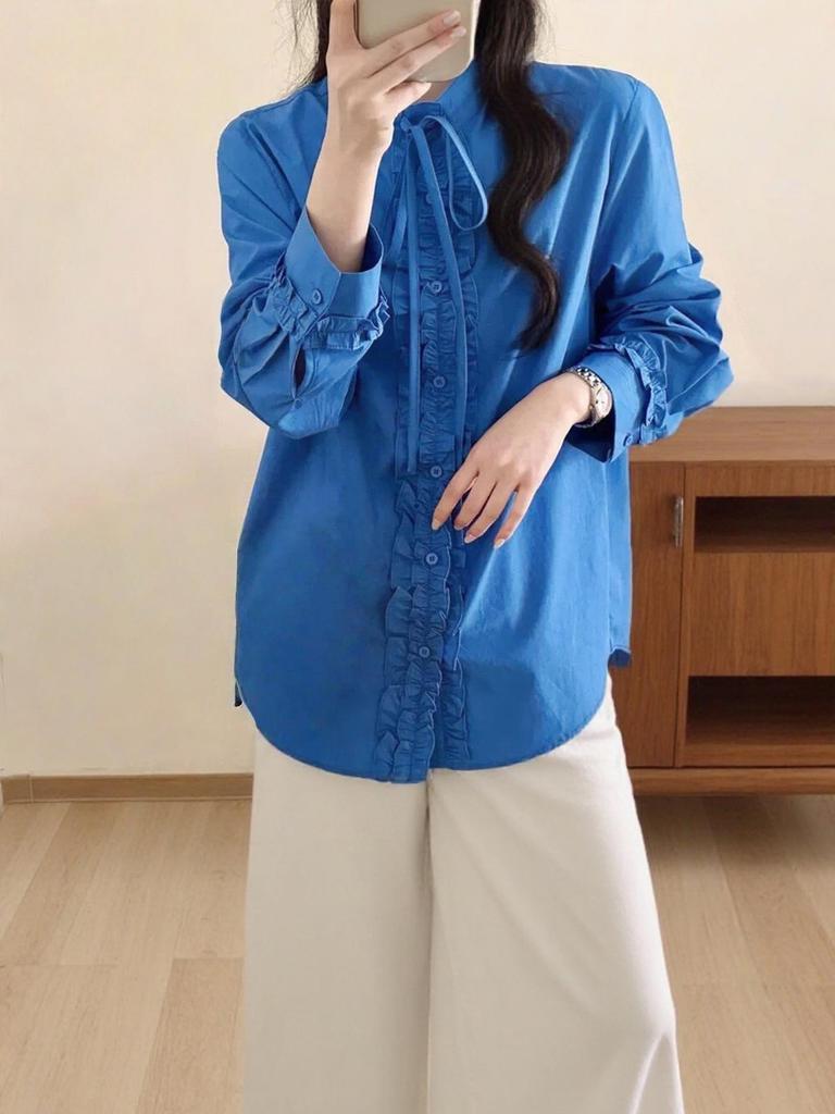 Women's Korean-Style Ruffled Tie-Up Stand Collar Loose Shirt - Spring 2026 Fashion 