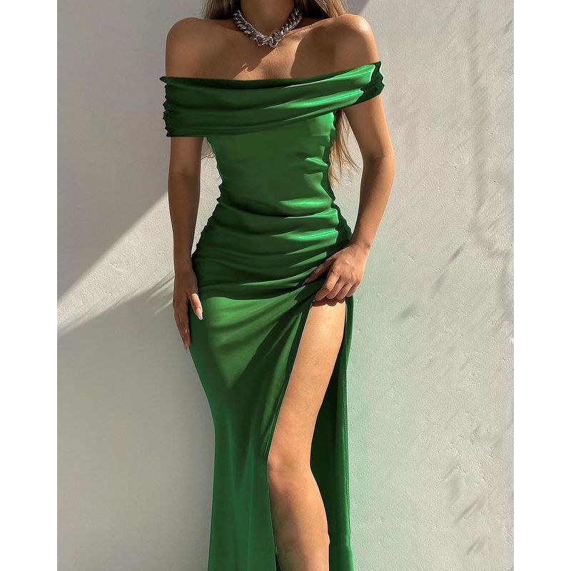 

Women Sexy One Shoulder Dress Women s Green off-Shoulder Slit Dress Green XL