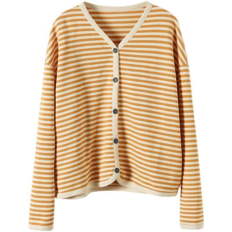 Spring Striped Webbing-Edged Single-Breasted Long Sleeve Women's Jacket Cardigan