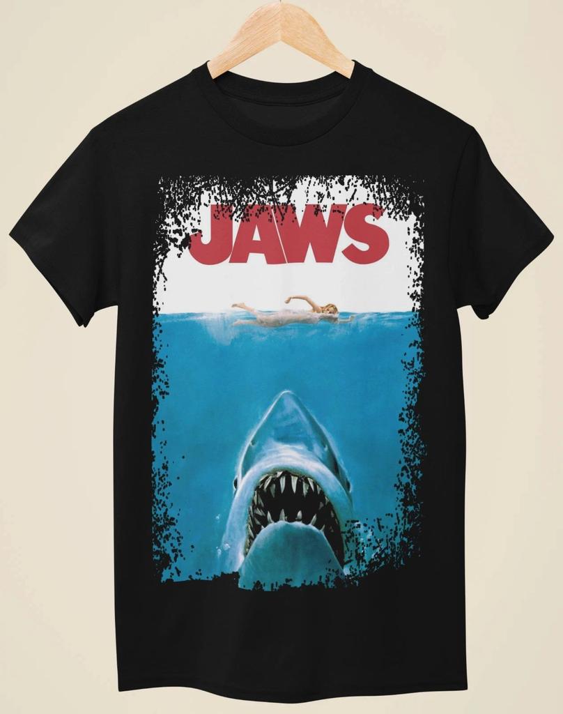 Jaws Movie Poster Inspiration Neutral Black T-shirt Four Seasons Men and Women Casual Fashion Streetwear