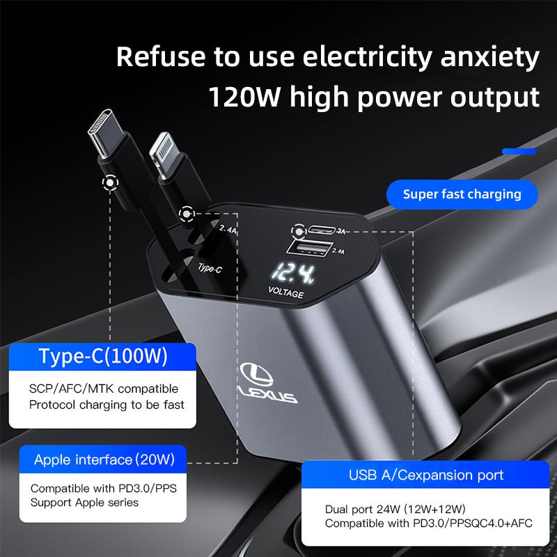 Car Lighter Charger 120W Phone Fast Charging Cable For Lexus F-SPORT ES RX NX LS UX LM LX GX LC RZ IS CT GS RC HS SC TX LBX AEY1