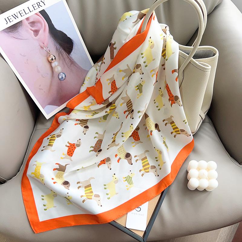 1116 Summer New Cartoon Dog Printed Small Square Scarf Cute Head Scarf Chest Wrap Versatile Korean Silk Scarf Scarf Scarf