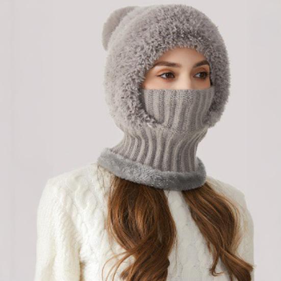 3 In 1 Women Knitted Scarf Hat Plush Ball Decor Windproof Warm Snow Cap Solid Color Fleece Lining Outdoor Activity Hat