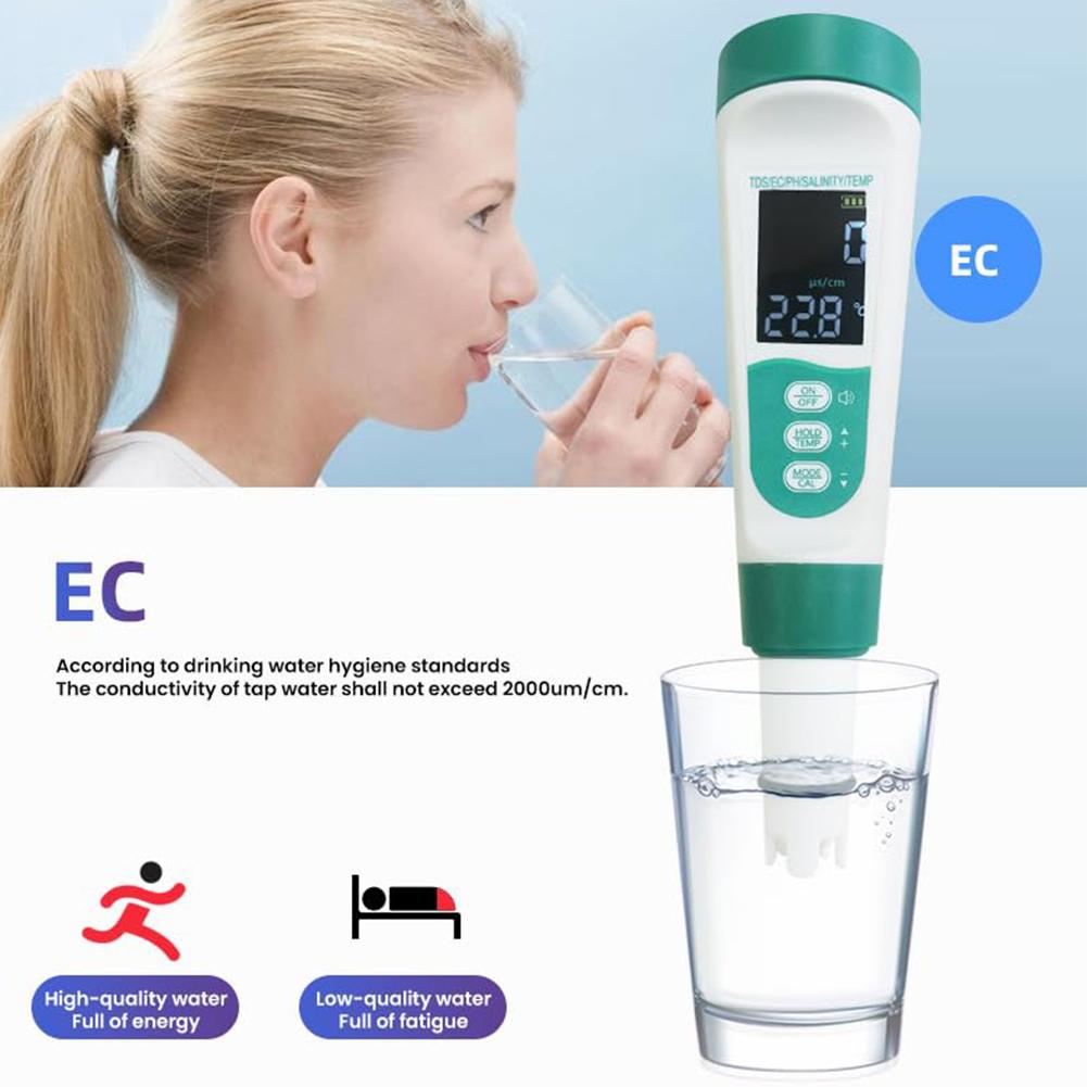 5-in-1 Water Tester Pool Salt Tester High Accuracy PH/EC/TDS/Salt/Temp Meter Water Analyzer for Drinking Water Aquariums Tester
