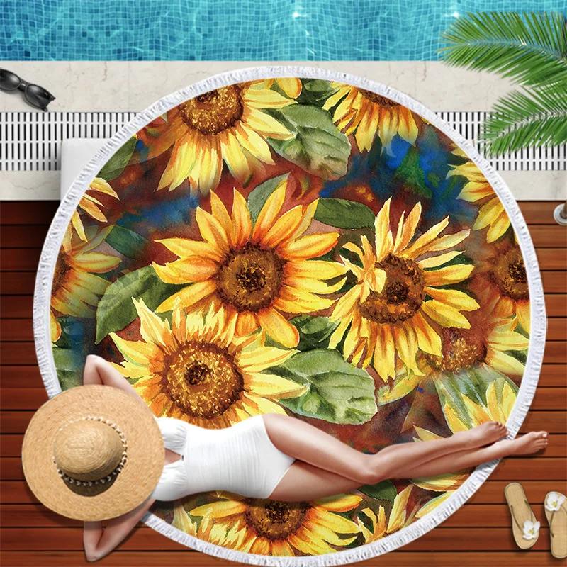 Serviette de plage Marguerites Pompons Ronde Séchage Rapide Extérieur Été Couverture de Mer Tournesol Plante Kawaii Tapis de Plage Tapis de Yoga Pique-nique