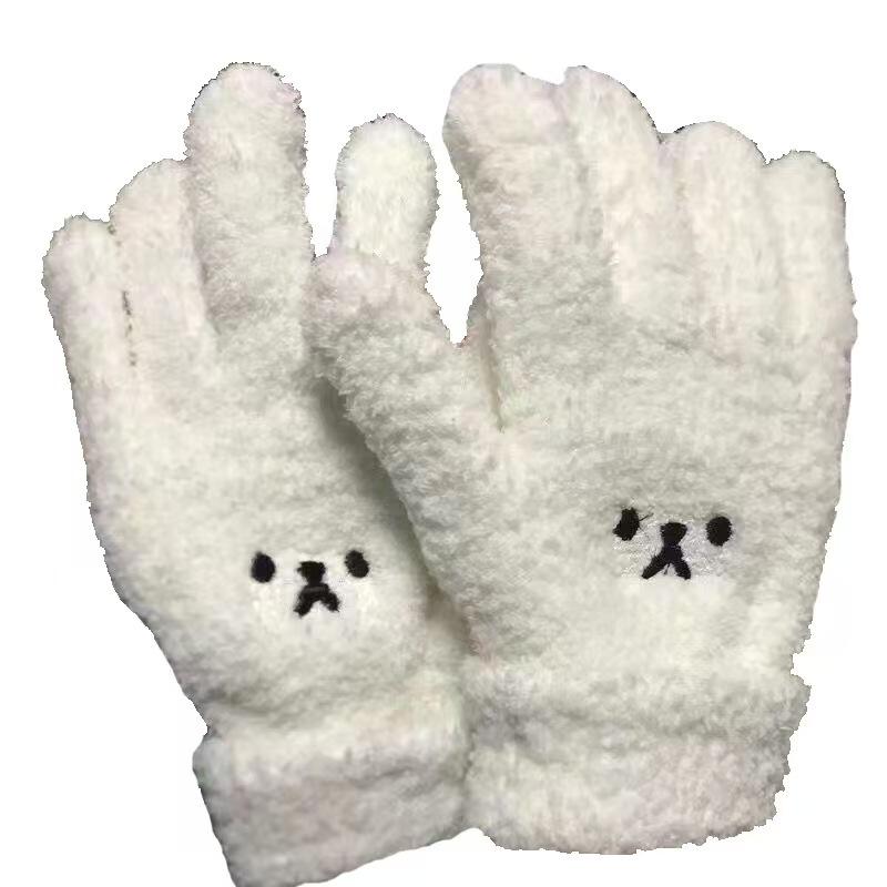 2/4Pcs (1/2 Pair) Coral Fleece Bear Embroidered Gloves, Thick Winter Warm Cartoon Anti-Cold Outdoor Cycling Gloves for Adults, Ins-Style Wi