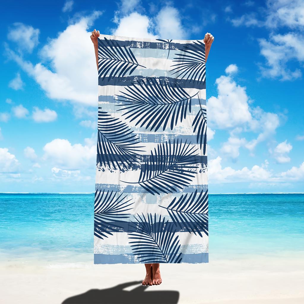 Blue White Leaf Pattern Microfiber Beach Towel, Ultra-Absorbent Quick-Dry Sun-Protective for Beach