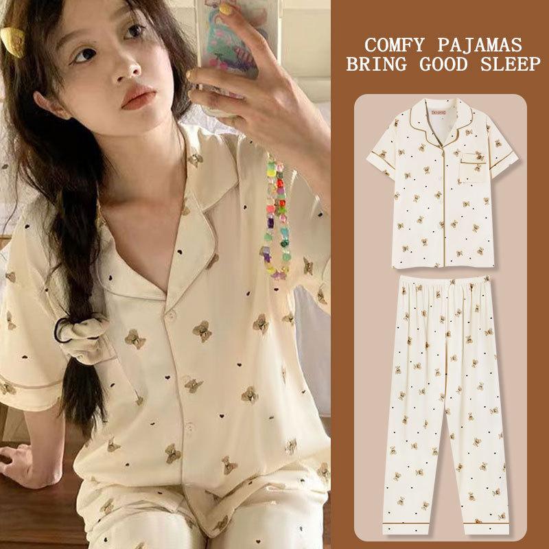 Japanese Kitty Cat Pajamas Women's Summer Thin Short-sleeved Trousers Loose Plus Size Girl Raw Loungewear Set