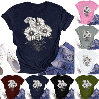 Dam Casual Rundhalsad T-shirt Topp med Blomtryck och Kort Ärm