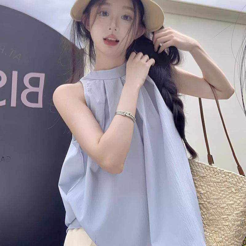 Chic French Blue Pleated Sleeveless Halter Top for Women - Trendy Summer Design