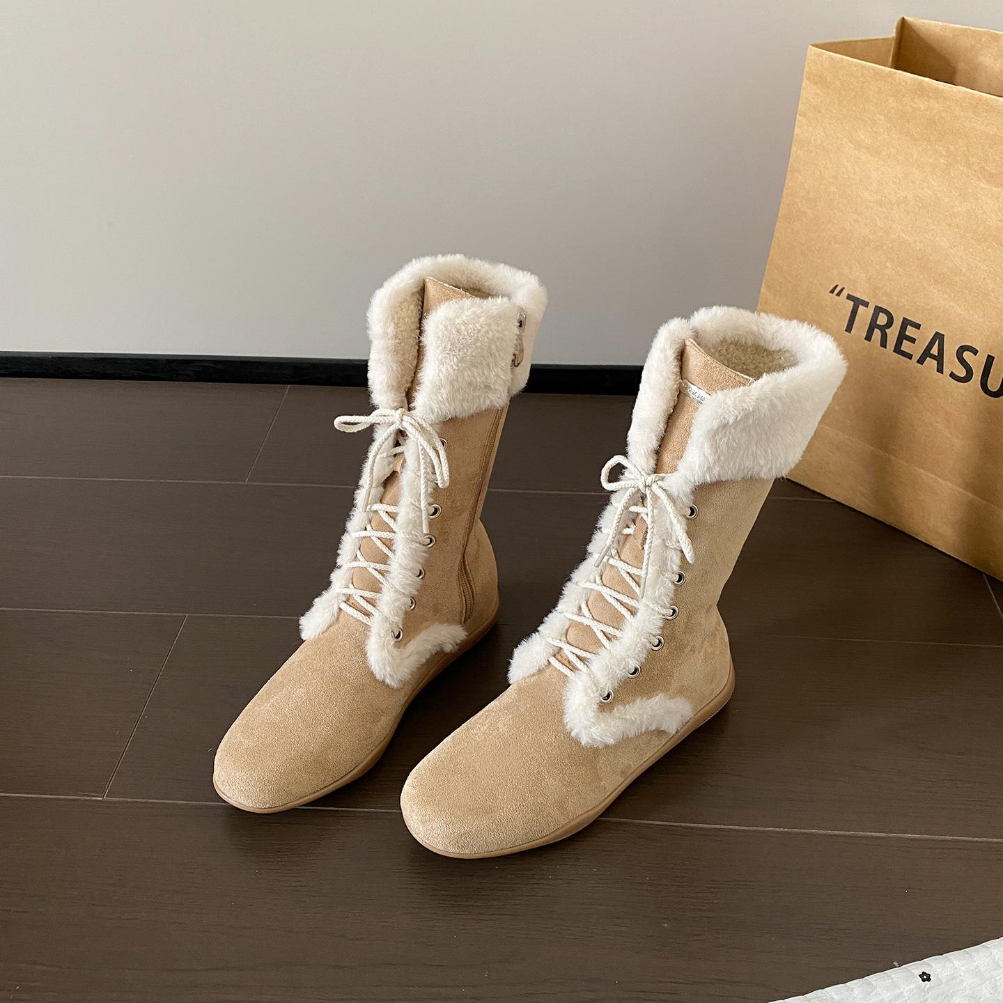 

Женские плоские зимние ботинки на шнуровке, уличные нескользящие плюшевые ботинки, удобные, увеличивающие рост, винтажные ботинки до середины икры 35 хаки