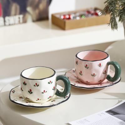Großvolumiges Unterglasur-handbemaltes florales Kaffeetassen- und Untertassenset, hochwertige Latte-Blumentee-Tasse, Wasserbecher mit Tablett