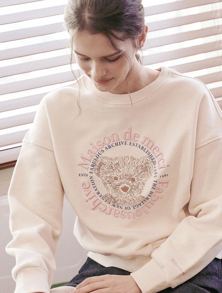 LA MAISON STUDIO Women'S Crop Circle Logo Embossed Bear Friends Heavy Terry Sweatshirt Cream Pink (Fcd3Ts702W)