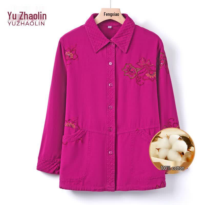 YUZHAOLIN Elderly Women s Embroidered Pure Cotton Cardigan Shirt XL