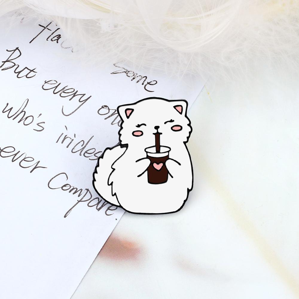 Cartoon Cute White Kitten Enamel Pins A Little Cat Drinking Cola Brooch Backpack Denim Lapel Badge Jewelry Gift for Kids Friends