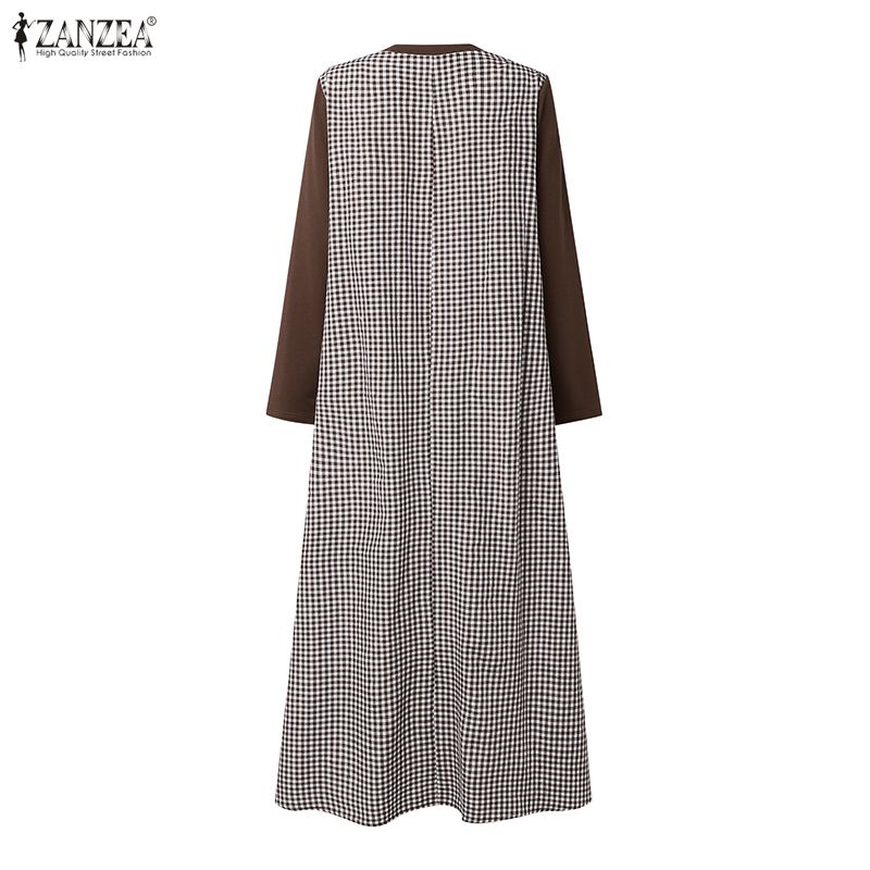 ZANZEA Women Casual Round Neck Long Sleeve Muslim Plaid Long Dress