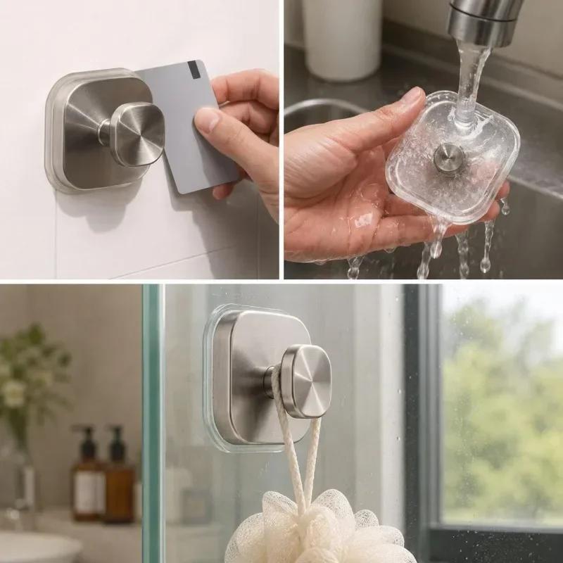 2Pcs Square Strong Suction Cup Hooks Stainless Steel Wall Hook No-Drill Towel Holders For Kitchen Bathroom Hanging Hangers