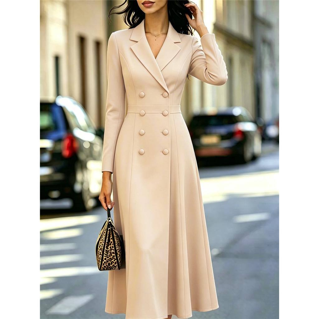 Women Blazer Collar Midi Dress Double Breasted Long‑Sleeve Slim Waist A‑Line Formal Party Dress