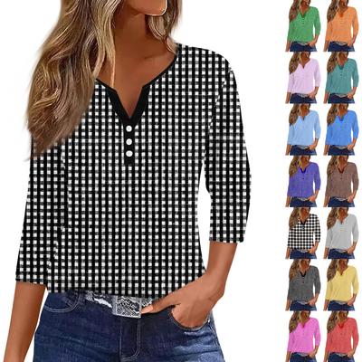 Women's T Shirt Tee Print Button  3/4 SleeveDaily Weekend Fashion Basic V- Neck Regular Top