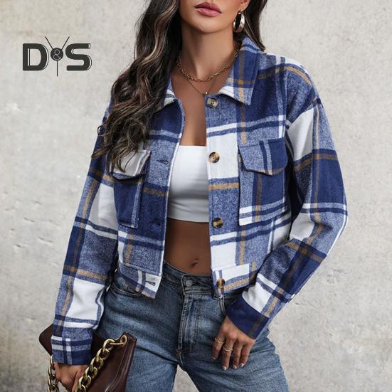 Fall Winter Women Jacket Color Matching Plaid Print Long Sleeve Lapel Single breasted Pockets Thick Cardigan Vintage Lady Coat