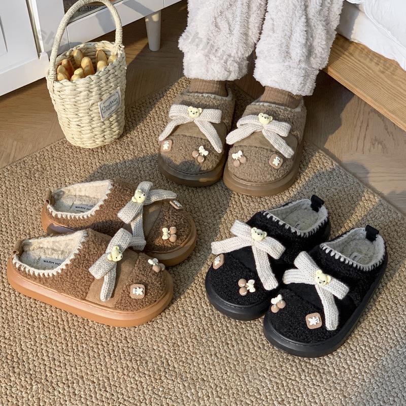 Fashion Women Winter Warm Flat Cotton Slippers Female Cute Bear Home Furry Thick Warm Slides Ladies Comfort Non Slip Indoor Cotton Shoes