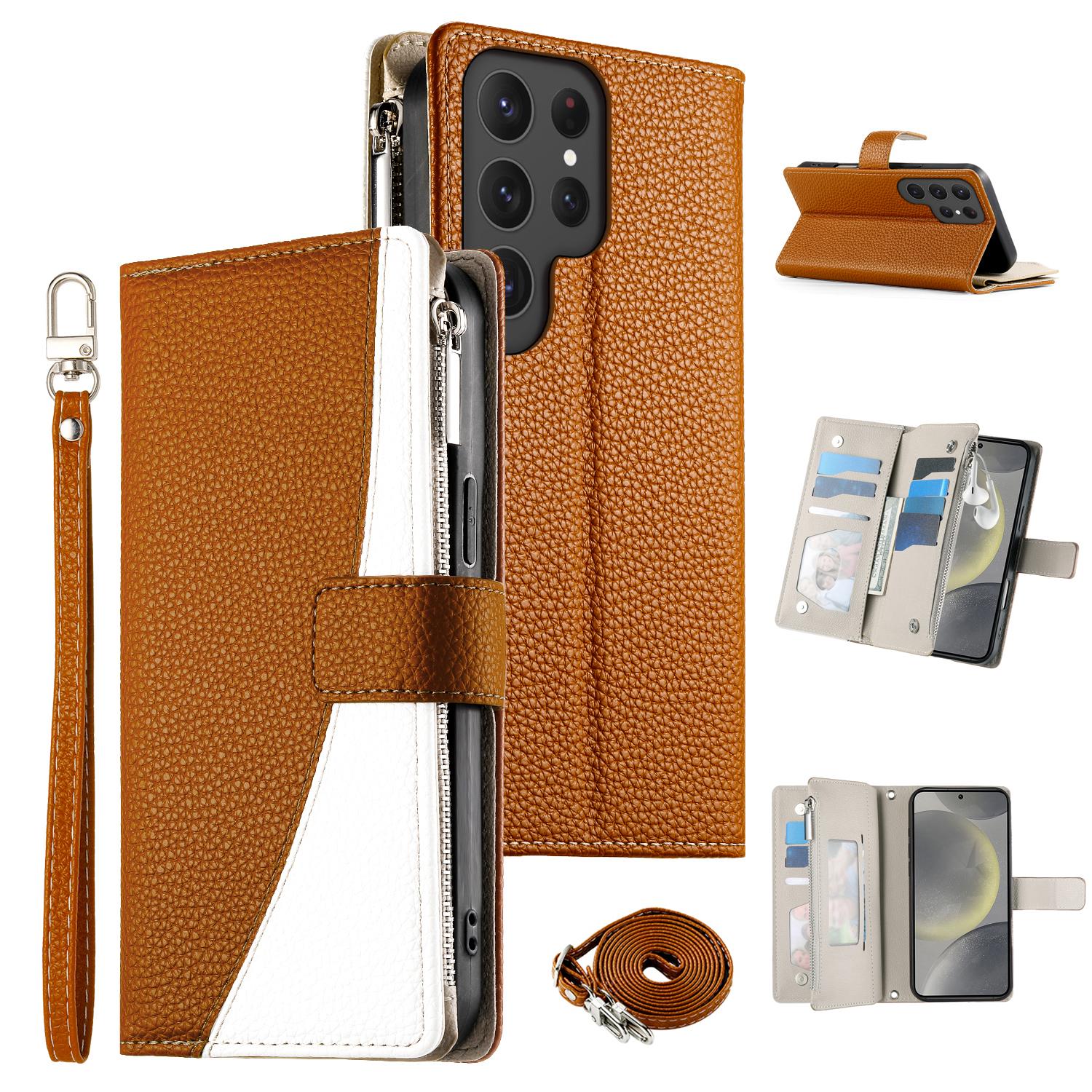 

For Samsung Galaxy S24 Ultra Case Zipper Wallet Color Splicing Leather Flip Phone Cover with Straps Brown