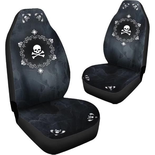 Bulopur Cute Black Gray Skull Set of 2 Car Seat Covers Universal Auto Front Seats Protector Fits for Car,SUV Sedan,Truck