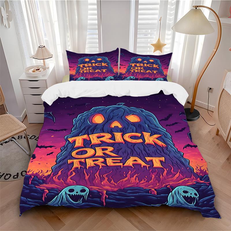 3PCs Trick-or-treat, Halloween Design Cover Set, Breathable Fabric, Machine Washable (1 Duvet Cover + 2 Pillowcases) (Without Quilt) Yy250911128