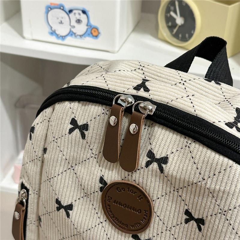 Cute Bow Print Corduroy Backpack for Women Casual Daypack Travel School Bag with Multi Pockets