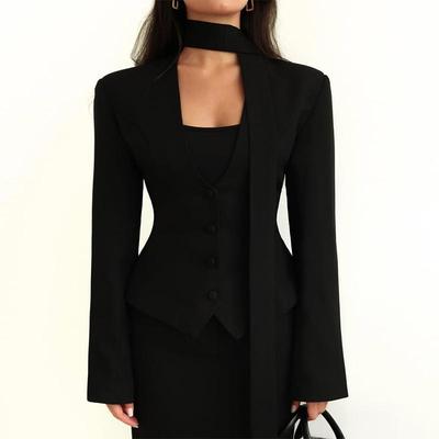 Blazer Noir Tailleur pour Femme avec Écharpe Détachable, Veste Coupe Slim à Simple Boutonnage