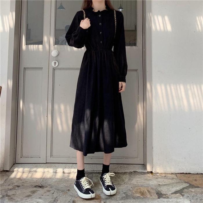

2026 Spring Retro Mid-Length Ruffle Dress with Cinched Waist Large чорний