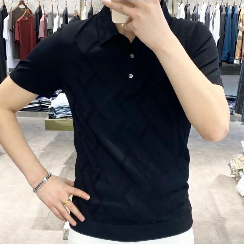 Men Korean Fashion Polo Collar Business Casual Knitted T Shirt Summer Solid Short Sleeve Breathable Tops