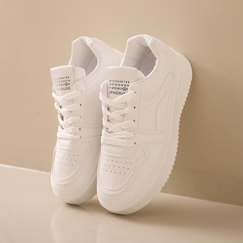 Thick Baseplate Shoes Women's Spring and Autumn New Leather Surface Versatile Height Increase Sports and Leisure White Shoes Ins Tide