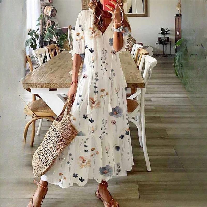 IHUASU Damen Casual Sweetheart Loose V-Ausschnitt Bedruckte Hosenträger Mittellange Ärmel Lange Kleider