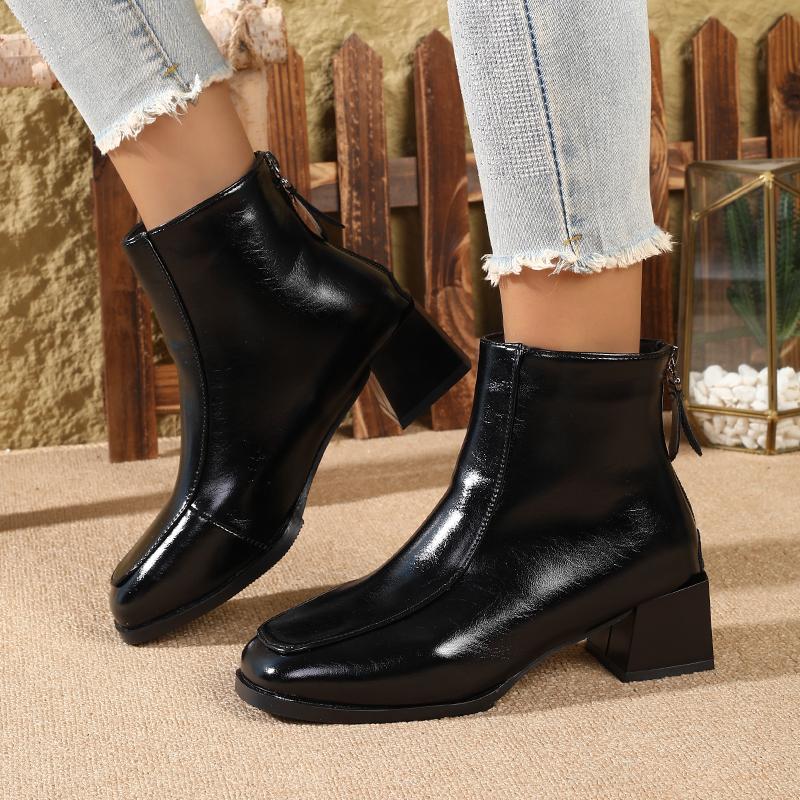 Retro chunky heel square-toe ankle boots for women, slimming winter bestseller with fleece lining for warmth and work