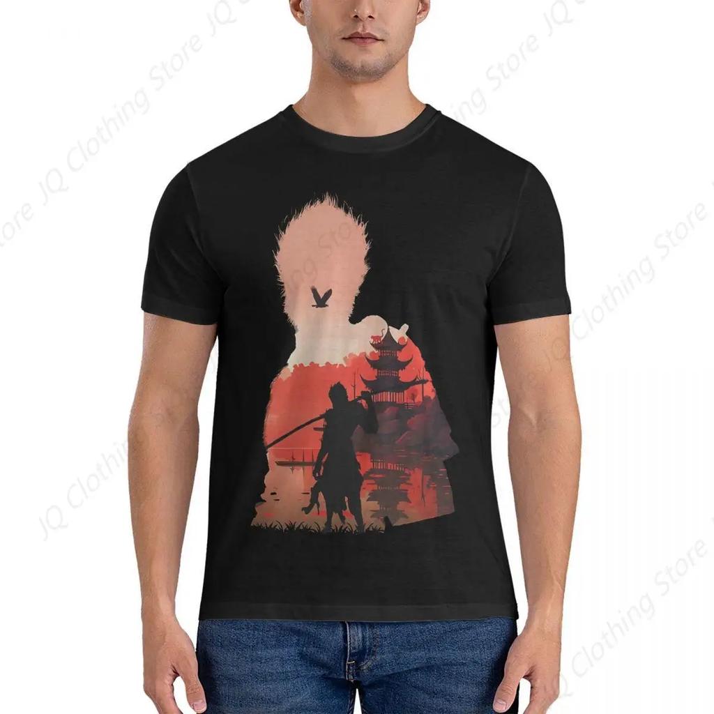 Men Negative Illusion Photographic Print T Shirts Black Myth Wukong Pure Cotton Clothing Cool Short Sleeve Round Neck