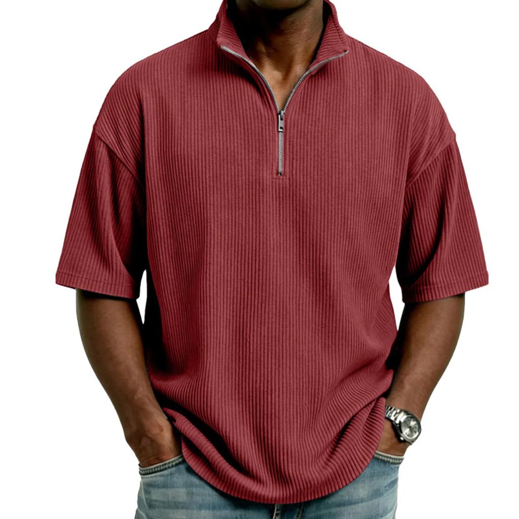 Men's Half,zip T,shirt, Corduroy Short,sleeved Shirt, Summer Loose Casual Color Top