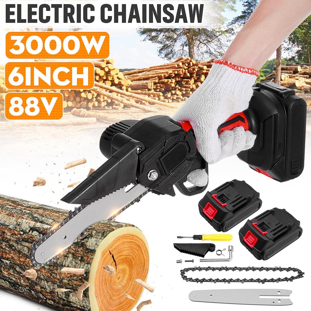 6 Inches Wood Cutter With 2 Battery 3000W 88V Mini Electric Chain Saw Pruning Chainsaw Woodworking Pruning Saw Garden Tool