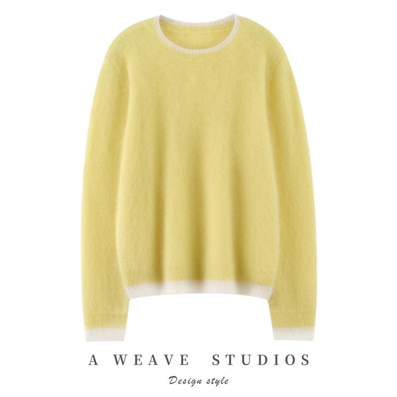 Women's 100% Cashmere Color Block Round Neck Pullover Sweater - Autumn/Winter Seven Gauge Single Ply Loose Fit