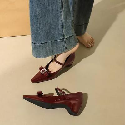 New Mary Jane Women's Shoes One Strap Heightened Single Shoes French Small Leather Shoes Pointed Toe