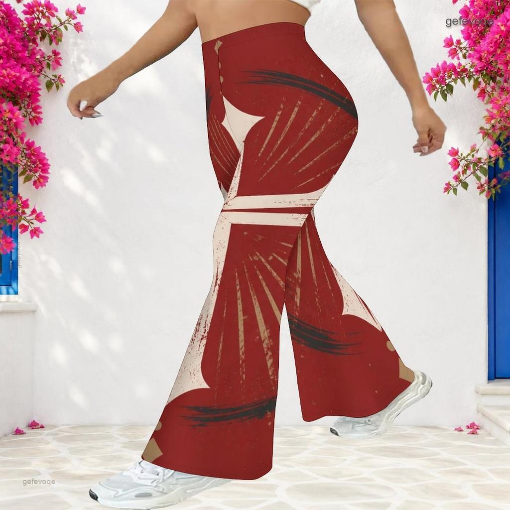 Women Plus Size High Waist Red Blue Star Printed Full Length Flared Pants