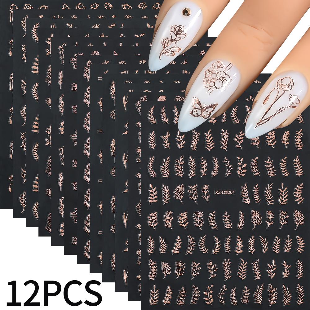 12pcs/set 3D Shiny Leaf Flower Nail Art Sticker Laer Gold Bronzing Leaves Nail Decals 8*10cm Self-Adhesive Nail Art Supplies e5#