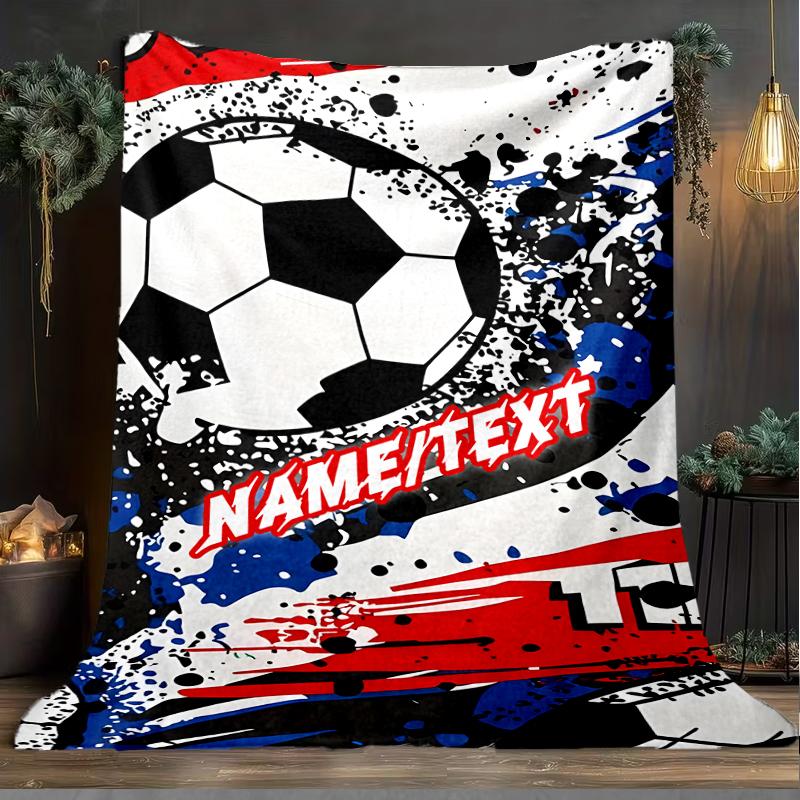 1PC Custom Name Soccer Ball Graffiti Art Outdooor Flannel Blankets Throw Blanket All-Season Throw Gift Bedspread for Couch, Bed, Camping Holiday Birth