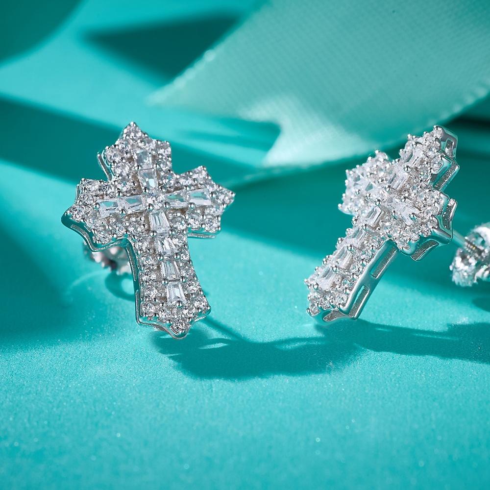 Cross Moissanite Earrings 14K White Gold Plated Studs Screw-Back Earring
