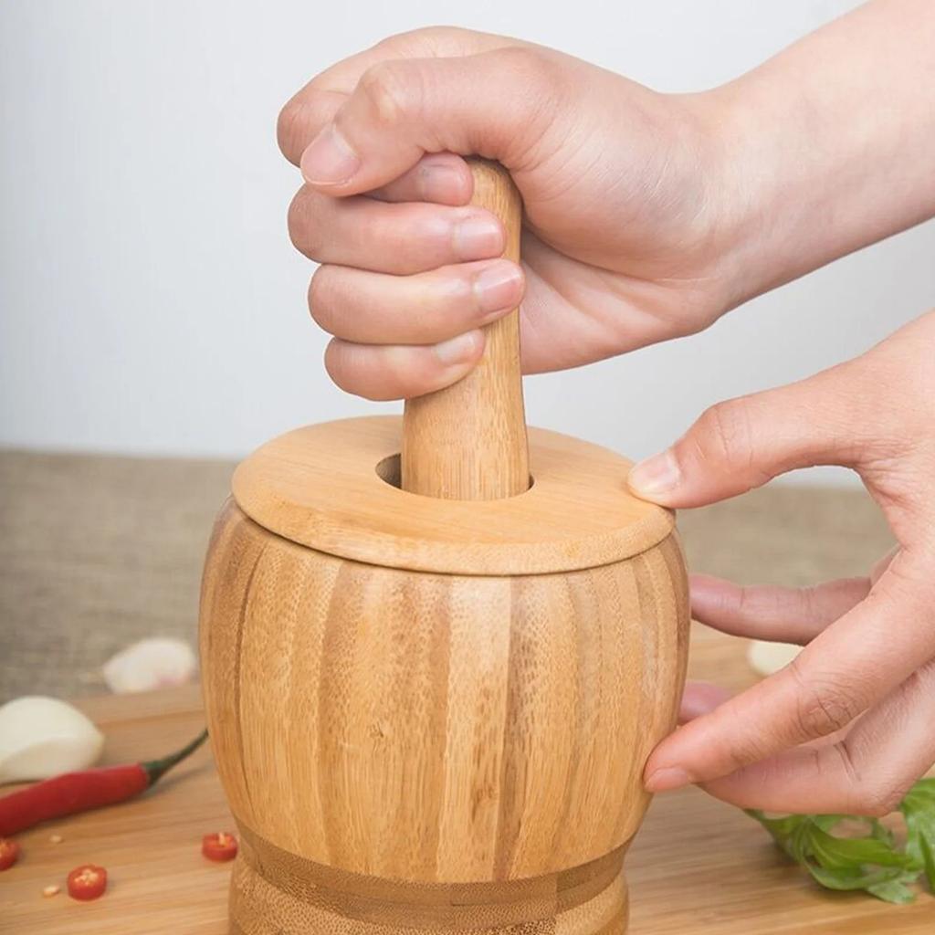 Wooden Mortar And Pestle Set Spice Pepper Crusher Garlic Herb Spice Mixing Grinding Crusher Bowl Restaurant Kitchen Tools