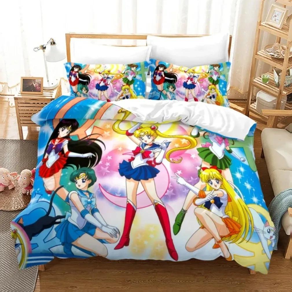 Set de lenjerie de pat Anime S-Sailor & M-Moon, Husă de plapumă, Plapumă, Set de pat, Husă de pilotă, Față de pernă, Mărime King, Queen, Twin, Băieți, Fete, Adulți