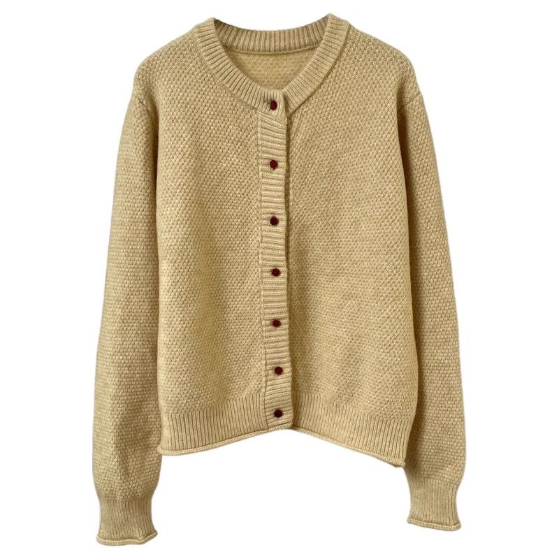 Lazy Style Round-neck Yellow Sweater Jacket for Women Spring and Autumn Knitted Cardigan Loose Solid Color Long-sleeved Casual Sweater Cardigan